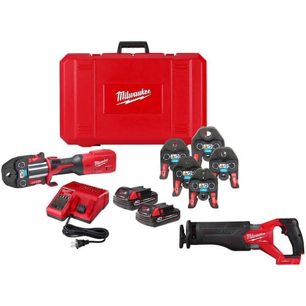 Milwaukee M18 18V Lithium-Ion Brushless Cordless Copper FORCE LOGIC Press Tool Kit with Jaw Kit and M18 FUEL SAWZALL w/ONE KEY