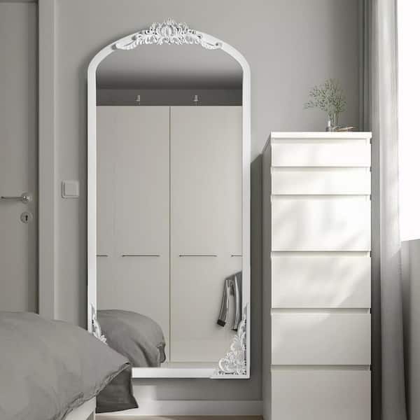 Lirago Rustic Arched 28 in. W x 67 in. H Solid Wood Framed DIY Carved Full Length Mirror in White