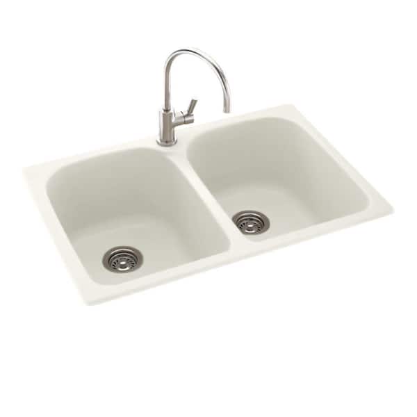 Swan Drop-In/Undermount Solid Surface 33 in. 1-Hole 50/50 Double Bowl Kitchen Sink in Bisque