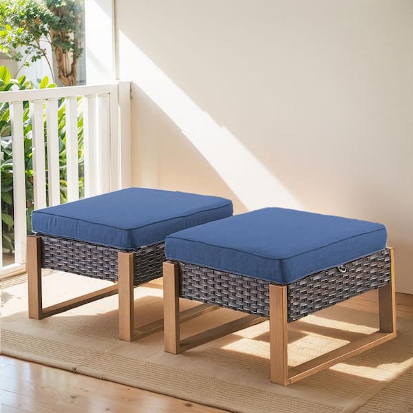 Gymojoy Allcot 2-Piece Brown Wicker Outdoor Ottoman Patio Rattan Footrest Seat Steel Frame Foostool with Removable Blue Cushions
