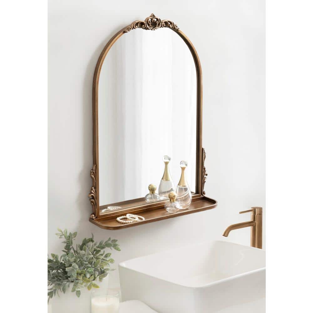 Antique Gold Arched Wall Mirror with Shelf and Ornate Garland
