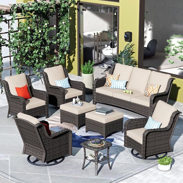 HOOOWOOO Oreille Brown 8-Piece Wicker Outdoor Patio Conversation Sofa Set with Swivel Rocking Chairs and Beige Cushions