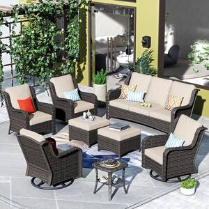 Oreille Brown 8-Piece Wicker Outdoor Patio Conversation Sofa Set with Swivel Rocking Chairs and Beige Cushions