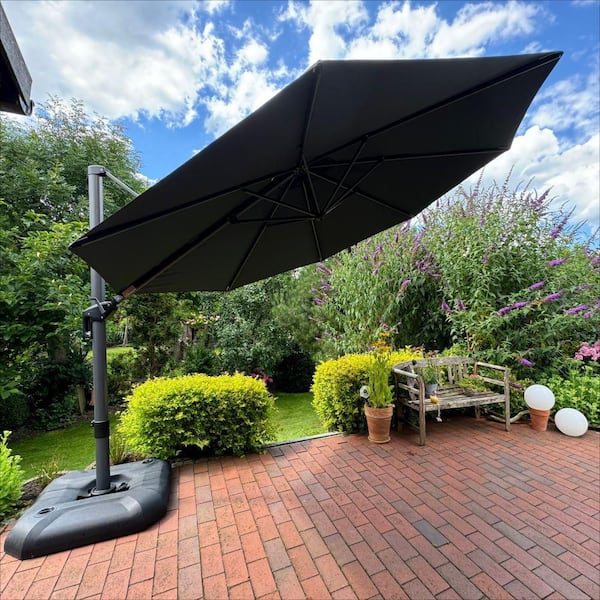 11 ft. Octagon Aluminum UV-Resistant Outdoor Cantilever Offset 360° Rotation Patio Umbrella with Base, Gray