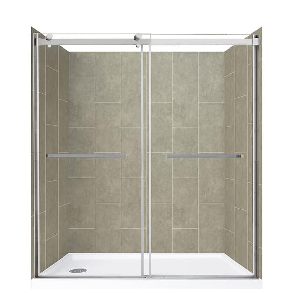 CRAFT + MAIN Lagoon Double Roller 60 in L x 32 in W x 78 in H Left Drain Alcove Shower Stall Kit in Shale and Brushed Nickel Hardware