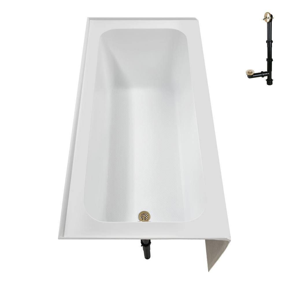 60-Inch Glossy White Acrylic Alcove Bathtub with Polished Brass Drain