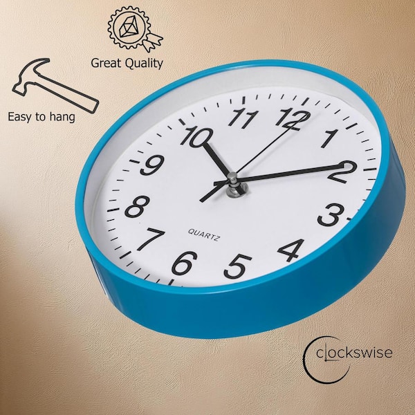 CLOCKSWISE Blue 14-In Analog Clock-Silent, Non-Ticking for Wall