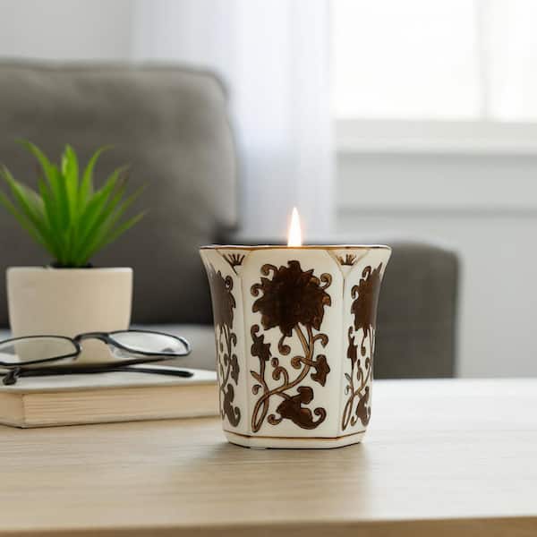 4 in. Brown and White Ceramic Lavender Verbena Scented Fluted Chinoiserie Candle, 6 oz.
