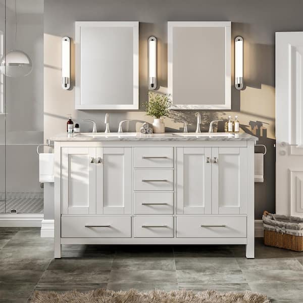 Eviva Aberdeen 72 in. W x 22 in. D x 34 in. H Double Bath Vanity in White with White Carrara Marble Top with White Sinks