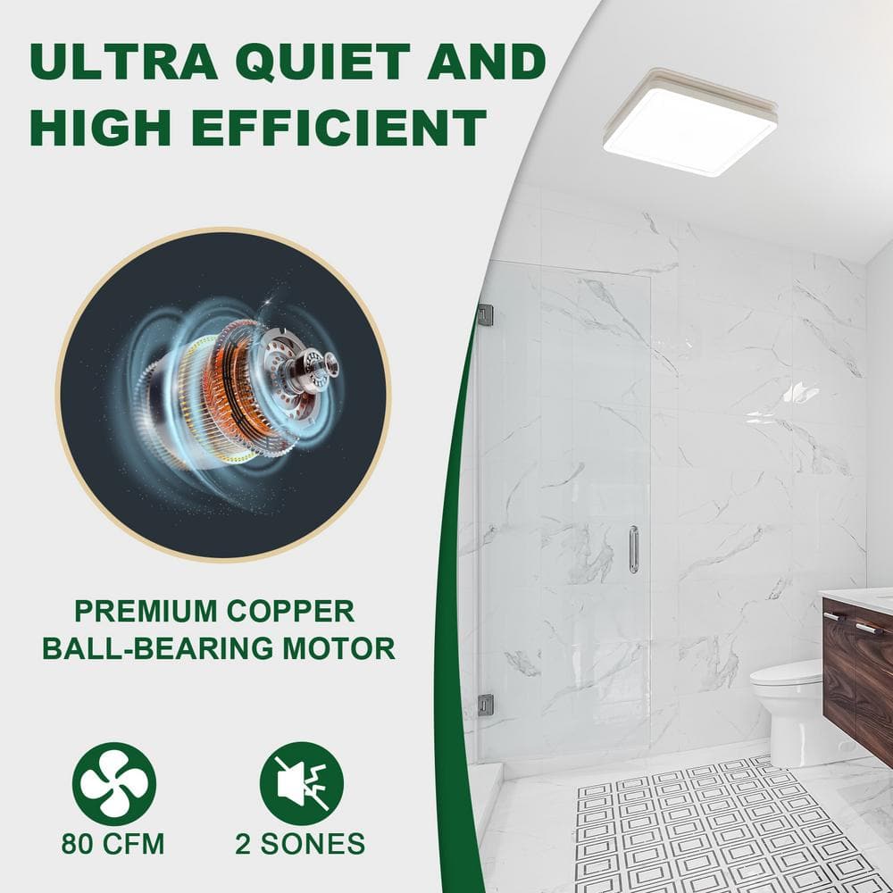 White Square 80 CFM Bathroom Exhaust Fan with LED Light