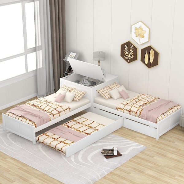 GODEER 120 in. W White Wood Frame L-ShapedPlatform Bed with Trundle and Drawers