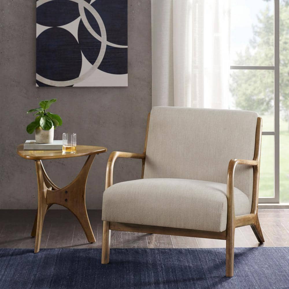 Cream Upholstered Wood Frame Mid-Century Accent Chair
