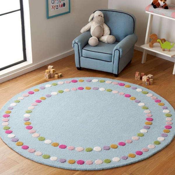 Kids 5 ft. x 5 ft. Blue/Pink Polka-Dot Border Round Area Rug