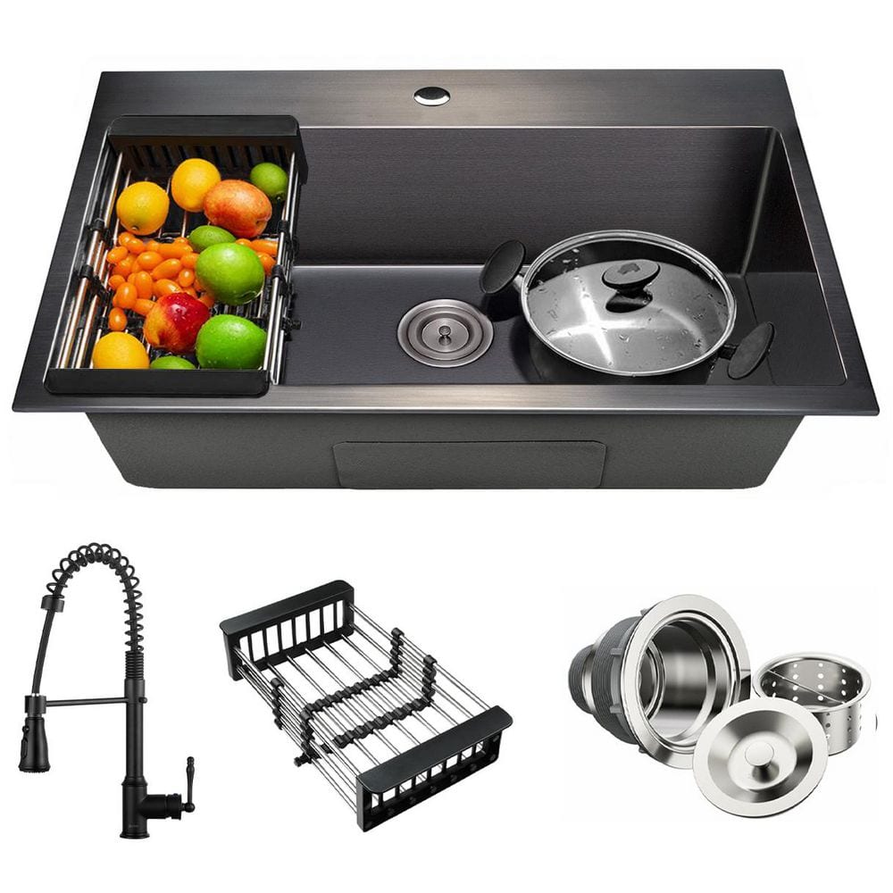 AKDY All-in-One Matte Black Finished Stainless Steel 33 in. x 22