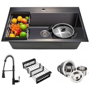 All-in-One Matte Black Finished Stainless Steel 33 in. x 22 in. Drop-In Single Bowl Kitchen Sink with Spring Neck Faucet