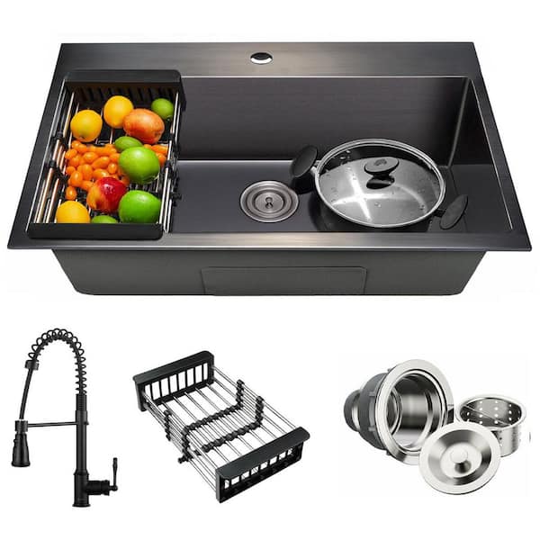 All-in-One Matte Black Finished Stainless Steel 33 in. x 22 in. Drop-In Single Bowl Kitchen Sink with Spring Neck Faucet
