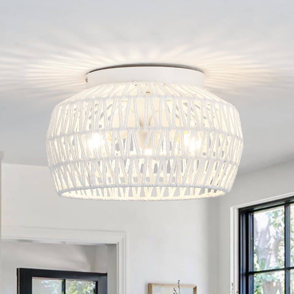 12.59 in. 3-Light White Rattan Semi Flush Mount Chandelier for Hallway Entryway Dining Room and No Bulbs Included price history on PriceWatchPro