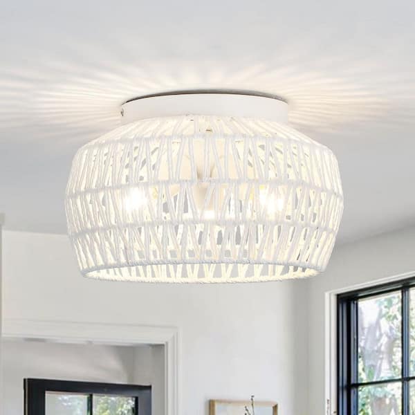 12.59 in. 3-Light White Rattan Semi Flush Mount Chandelier for Hallway Entryway Dining Room and No Bulbs Included
