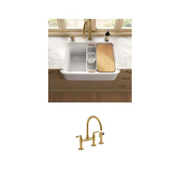 Audrine 32.5 in. Farmhouse Fireclay Kitchen Sink and Edalyn 2-Handle Bridge Kitchen Faucet Combo