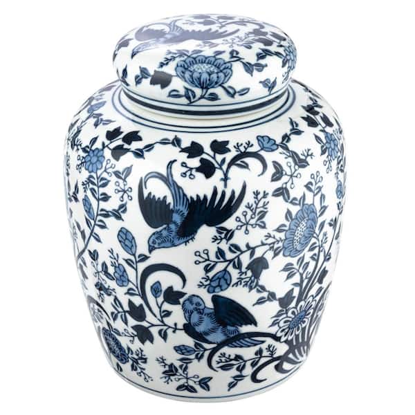 Blue and White Glazed Finish Decorative Bird Ceramic Ginger Jar with Lid