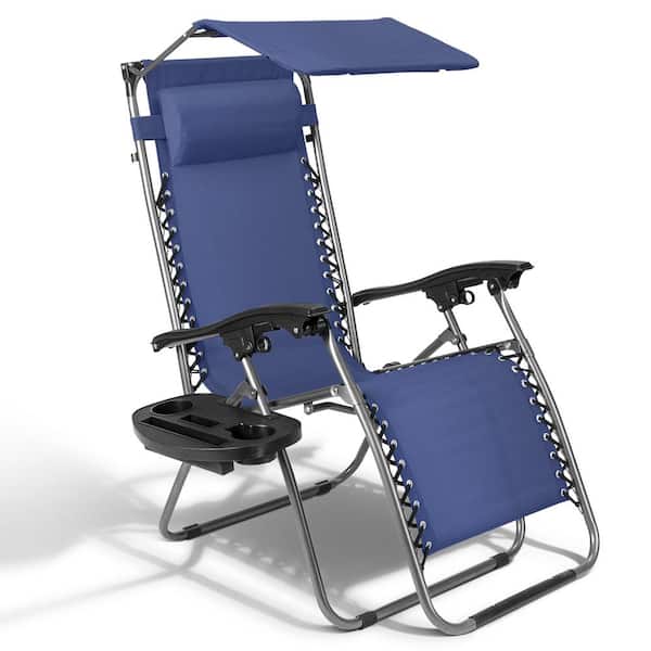 Karl home Zero Gravity Folding Reclining Blue Fabric Lawn Chair with Canopy and Cup Holder