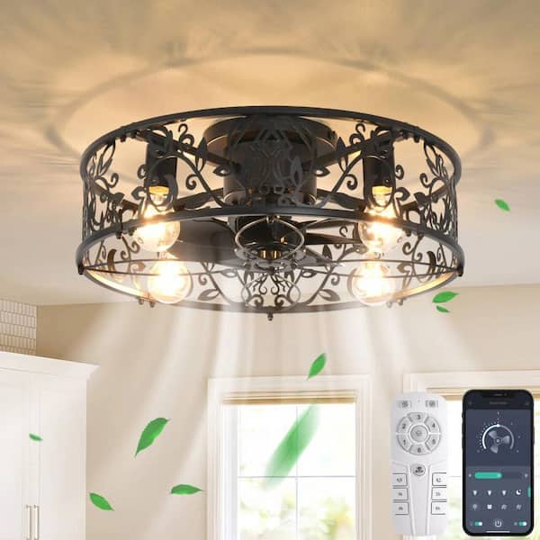 20.1 in. Indoor Black Farmhouse Reversible Caged Flush Mount Ceiling Fan with Light Kit and Remote Included for Bedroom