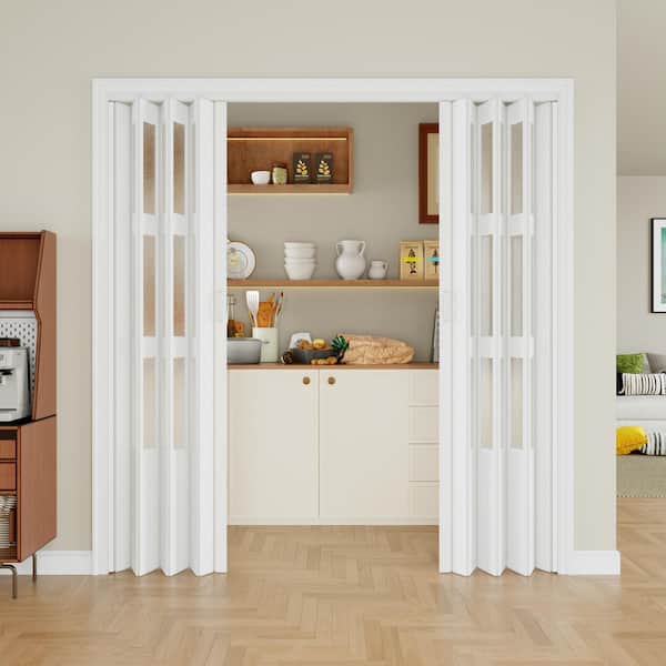 72 in. x 80 in. White 3-Lite Frosted Acrylic Panel With Double Vinyl Material Accordion Door With Hardware Kit