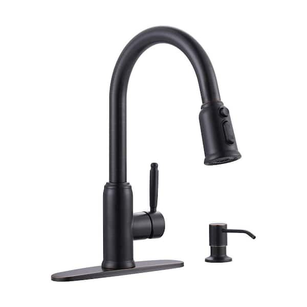 15 in. Stainless Steel Single Handle 360° Pull Down Sprayer Kitchen Faucet with Soap Dispenser in Oil Rubbed Bronze