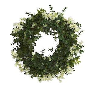 18 in. Eucalyptus and Dancing Daisy Double Ring Artificial Wreath with Twig Base