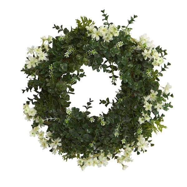 Nearly Natural 18 in. Eucalyptus and Dancing Daisy Double Ring Artificial Wreath with Twig Base
