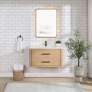 Cristo 36 in. W x 22 in. D x 20.6 in. H Single Sink Bath Vanity in Fir Wood Brown with White Quartz Stone Top