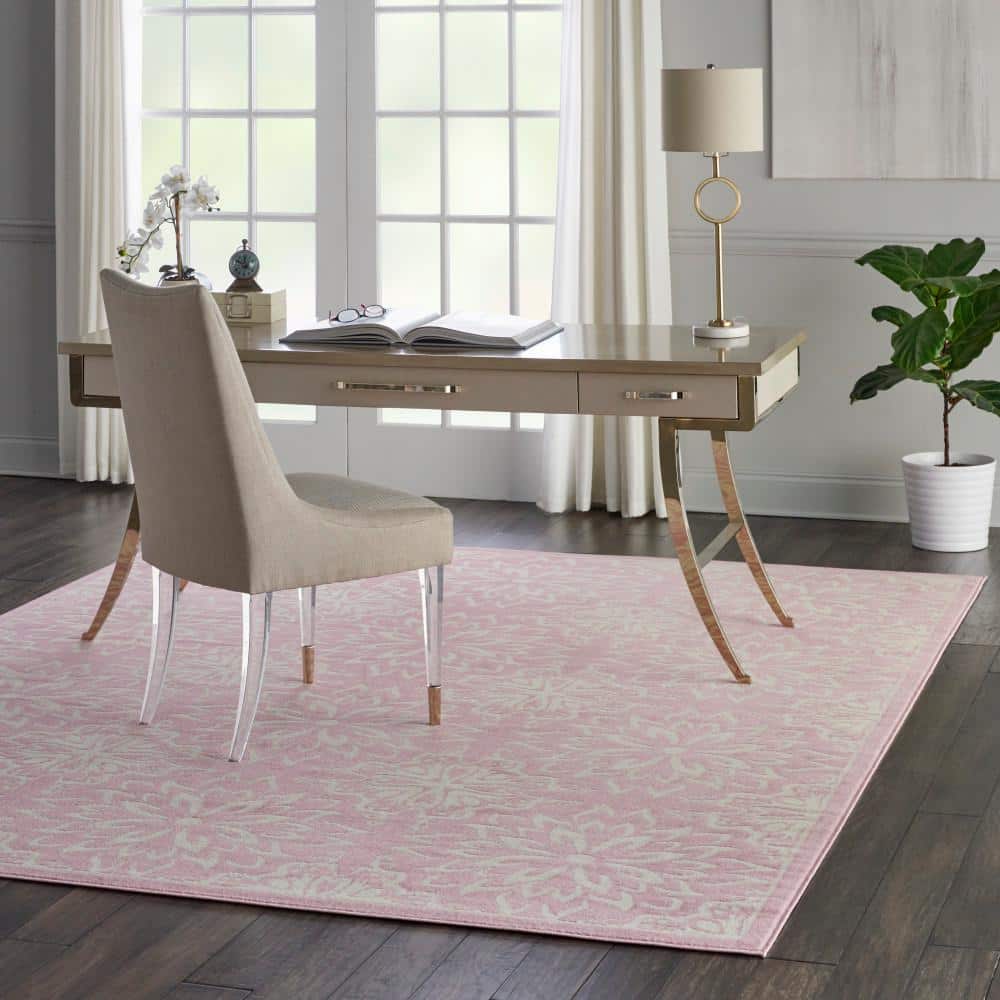 Ivory and Pink Floral Synthetic 8' x 10' Rectangular Rug