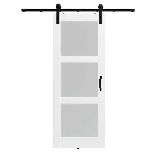 24 in. x 80 in. 3-Lite Frosted Glass Panel Solid Wood White Barn Door Slab with Full Barn Door Hardware Kit Set