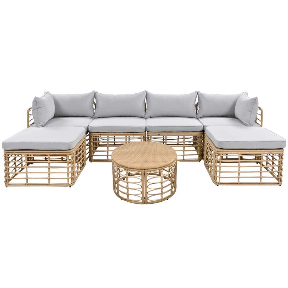 7 Pieces Wicker Outdoor All-Weather Sectional Set with Gray Thick Cushions 