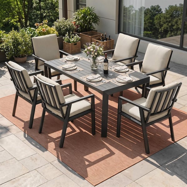 Black 7-Piece Aluminum Rectangular Outdoor Dining Set with Gray Zippered Cushions, Umbrella Hole