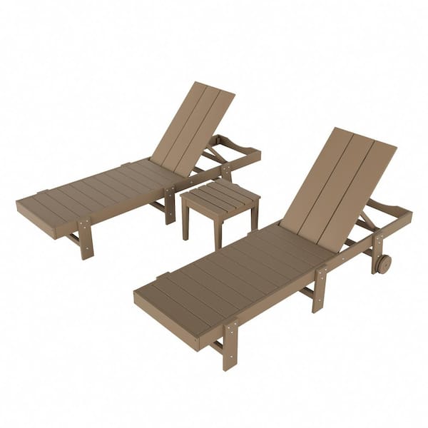 WESTIN OUTDOOR Shoreside 3-Piece Modern HDPE Fade Resistant Reclining Chaise Lounges With Wheels and Side Table in Weathered Wood