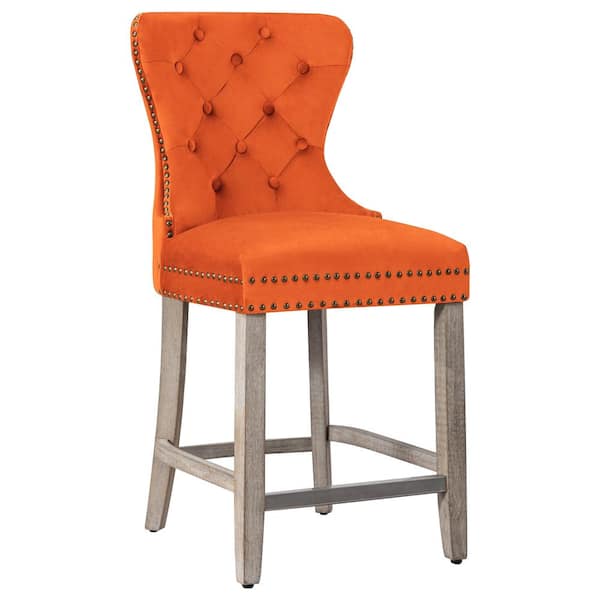 WESTINFURNITURE Harper 24 in. High Back Nail Head Trim Button Tufted Orange Velvet Counter Stool with Solid Wood Frame in Antique Gray
