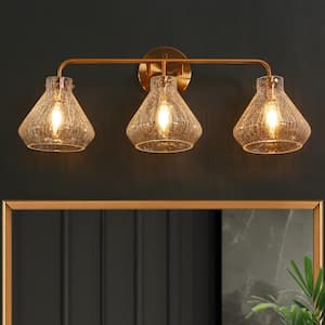Modern 23.6 in. 3-Light Plated Brass Vanity Light with Bell Crackle Glass Shades