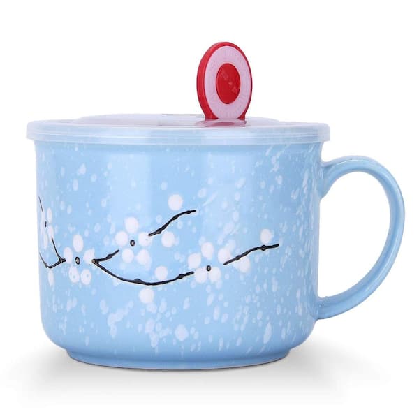 30 fl. oz. Blue Ceramic Cereal Bowl with Cherry Blossom Snowflake Pattern, Lid and Anti-Scald Handle