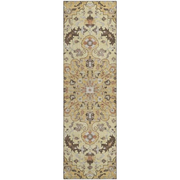 Mayfield Premium Machine Washable Abstract AMF2564 Gold 2 ft. x 7 ft. Runner Rug