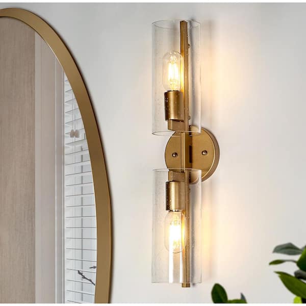 Uolfin Mid-Century Cylinder Bathroom Vanity Light 2-Light Transitional Brass Gold Tube Wall Light with Seeded Glass Shades