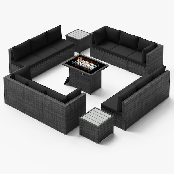 15-Piece Large Size Gray Wicker Patio Conversation Sofa Set with Black Cushions Fire Pit Table and Coffee Tables