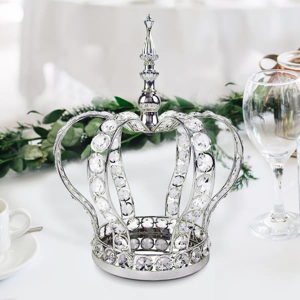 LIVING LUXURY Silver Table Decor Decorative Crown Crystal Bead Metal Accent Piece with Mirror 11 in.