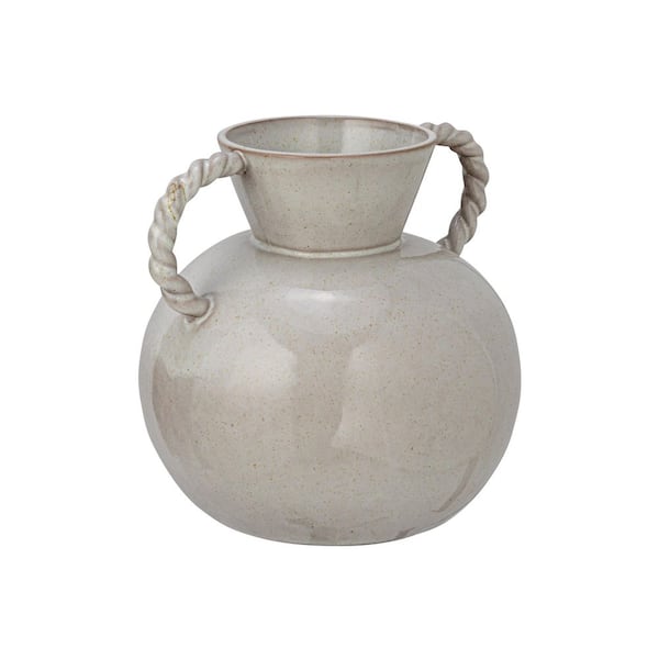 8.5 in. Beige Stoneware Round Decorative Vase with Twisted Handles