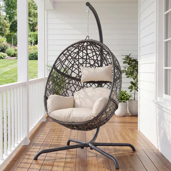 Oversized Outdoor Patio 1-Person Gray PE Wicker Hanging Egg Porch Swing Chair with Stand and Beige Cushion