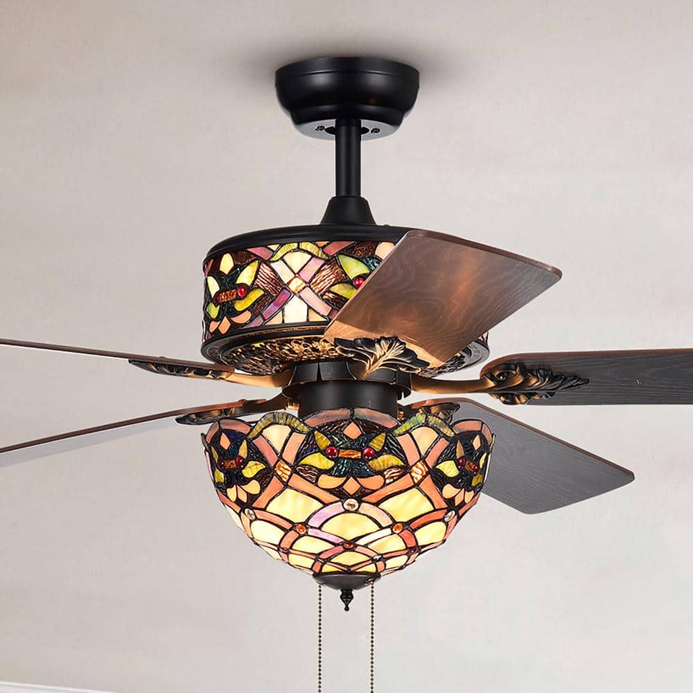 Kalsti Matte Black 52-Inch Tiffany Glass Chandelier Ceiling Fan