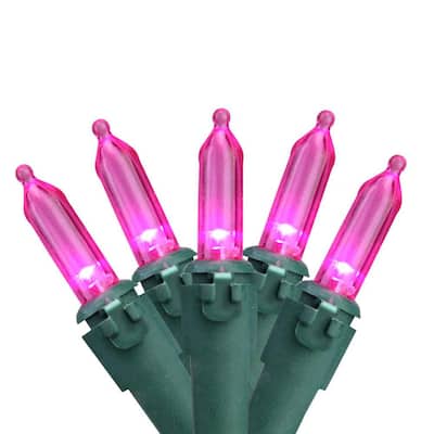 Set of 50 Pink LED Mini Christmas Lights with Green Wire