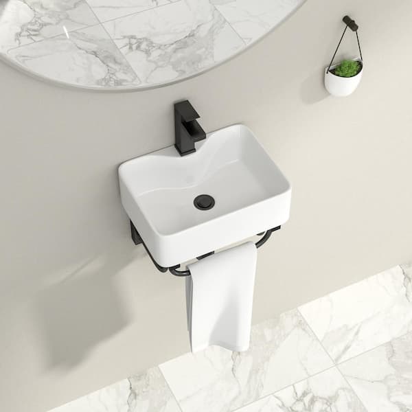 16 in. x 12 in. x 5 in. Ceramic Rectangular Wall-Mounted Bathroom Mini Vessel Sink with Single Faucet Hole in White