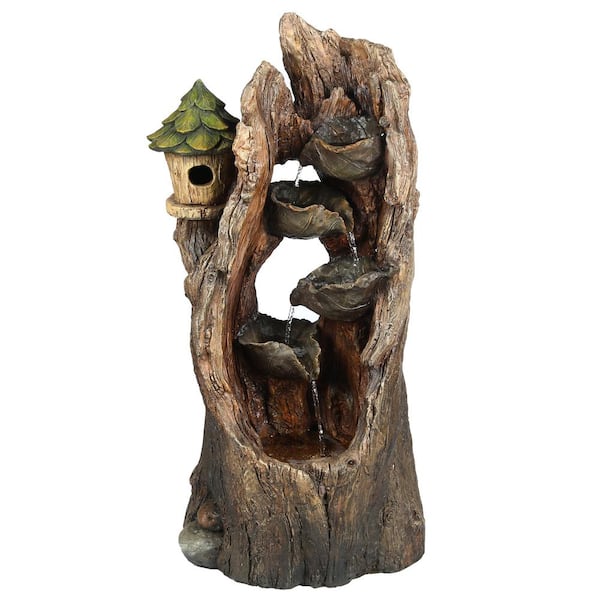 LuxenHome Resin Hollow Tree Outdoor Waterfall Fountain