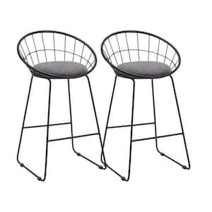 26 in. Gray and Black Low Back Metal Counter Height Bar Chair with Fabric Seat Set of 2